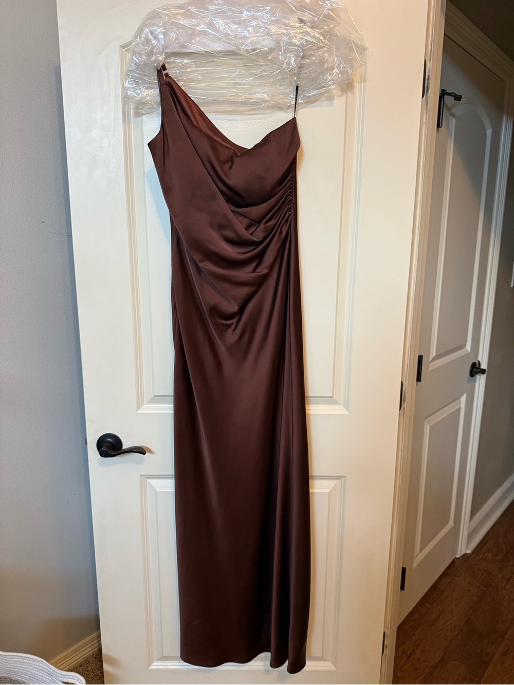 Revelry One-Shoulder Satin Gown in Chocolate Brown